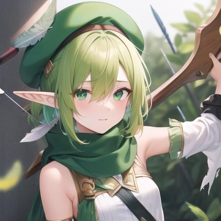 (masterpiece, best quality:1.2),illustration,8k,hd,1girl,upper body,(portrait:1.2),green scarf,pointy ears,elf,hat feather,two-tone shirt,torn scarf,green shirt,detached sleeves,shirt,scarf,solo,holding,hair over one eye,green eyes,white shirt,hat,sleeveless shirt,green sleeves,short hair,green headwear,bow \(weapon\),sleeveless,holding bow \(weapon\),shorts,beret,green hair,thighhighs,weapon,armpits,holding weapon,green thighhighs,striped thighhighs,looking at viewer,vertical-striped thighhighs,arrow \(projectile\),green shorts,small breasts,quiver,feathers,<lora:Futaba Aoi-V1>