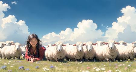 Masterpiece,best  quality,1girl, smile, full body, ((Tibetan)), lying on the ground, front view, dancing, Prairie, blue sky, white clouds,sheep <lora:Tibetan_v1:0.9>