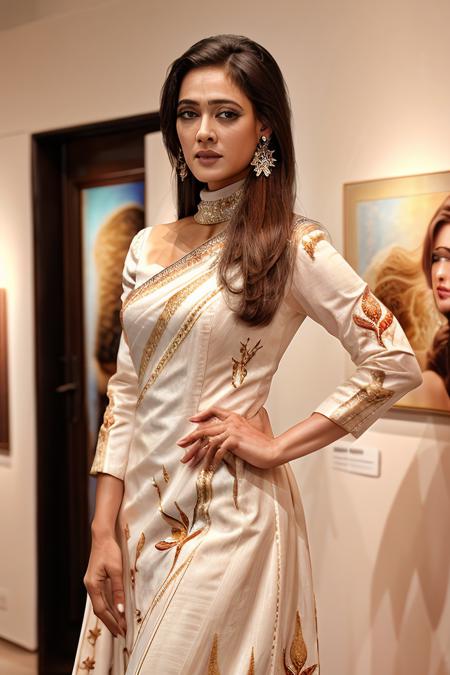 ultrarealistic glamor portrait photo of  swti woman, looking at camera, detailed face, high neck elegant embroidered cotton evening gown, dynamic pose at an art gallery art show, film grain, analog fuji film, bokeh  <lora:swti_Shweta_Tiwari_SD15_LoRA_Adafactor:1>