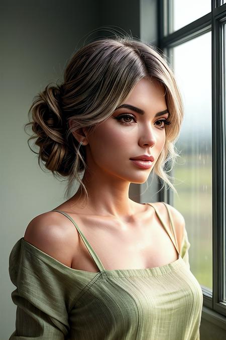 photo of beautiful (EPLud0v1c4P4g4n1:0.99), a woman with perfect hair, hair upsweep updo, wearing (green Linen Tunic :1.1), (plain yellow gym, fantastic scenery, window, rain :1.1), modelshoot style, (extremely detailed CG unity 8k wallpaper), professional majestic photography, (smile), ((upper body)), (camera), 24mm, exposure blend, hdr, faded, extremely intricate, High (Detail:1.1), Sharp focus, dramatic, soft cinematic light, (upper body), (looking at viewer), (detailed pupils), 4k textures, soft cinematic light, adobe lightroom, photolab, elegant, ((((cinematic look)))), soothing tones, insane details, hyperdetailed, low contrast("I've got a bad feeling about this.":1.1), ("In Jernau we trust!":1.1),