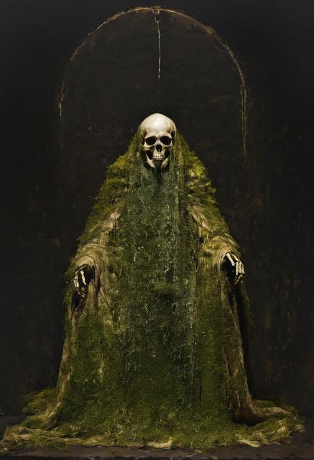 by Arthur Stanley Wilkinson, (intricate details, masterpiece, best quality:1.4), in the style of nicola samori, (male skeleton in an ancient cloak), high quality skull, sitting on big throne, candles an endless dark room, dystopian, golden shades, (candles:1.3), overgrown with moss, average view, dark room, intricate, mysterious, ominous, looking at viewer, pose of the saint
<lora:epi_noiseoffset2:0.5> <lora:add-detail-xl:1> <lora:xl_more_art-full_v1:0.5>  <lora:NicolaSamori:0.7>