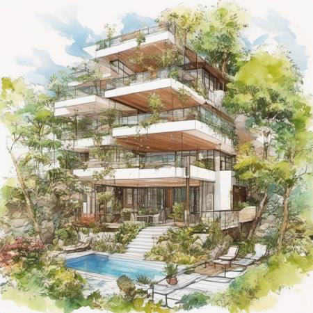 1 modern house, architect sketch, balcony, glasses, trees, flowers <lora:architect_XL:1>, (masterpiece, best quality, beautiful and aesthetic:1.2), (ultra detailed, extremely delicate:1.3)