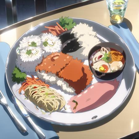 high-definition 8k anime screencap in mnst artstyle of a large silver plate with food on it