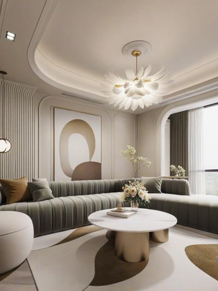 <lora:JJsCreamStyle_XL:1>, ((Cream Style)), ((masterpiece)), ((best quality)), scenery, real world location, realistic, high detailed,, soft lighting,  (indoor) , no human,  window, sofa, ceiling light, carpet, tv, curtain, coach, table, glass, flower, golden ratio,