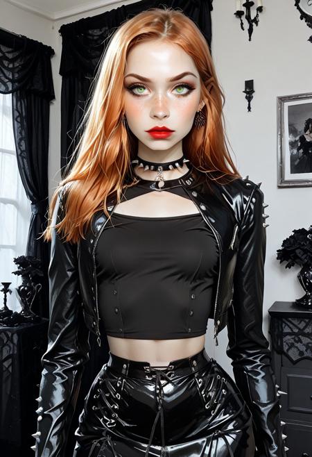 score_9, score_8_up, score_7_up, (best quality:1.1), detailed skin, beautiful, smooth edges, indoors, club setting, low lighting,, 1 girl, Sandy, very long straight ginger hair, perfect nose,  18 years old,  perfecteyes, green eyes, red lipstick, freckles, goth makeup, eye shadow, thick eyelashes, eyeliner, tiny breasts, skinny, cream leather jacket, mgf top, clothing cutout, gothic, black skirt,spiked collar,