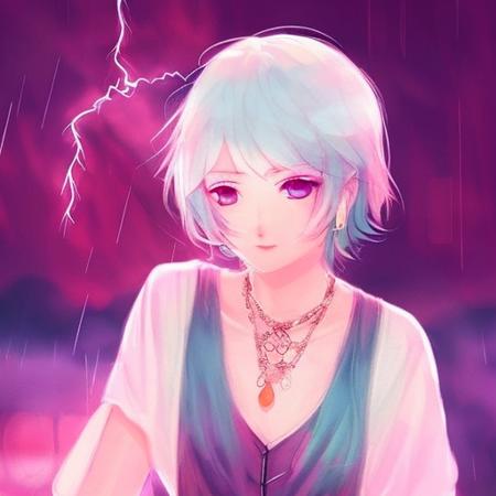 1girl, blush, choker, collarbone, jewelry,necklace, pendant, rainbow_eyes, blonde_hair, short_hair, smile, solo,thunderstorm,  upper_body,cinematic lighting, rim lightring,manwha1