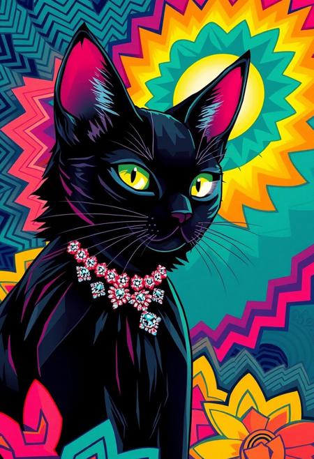 A hyper-stylized anime witch cat, blending the opulent, geometric patterns of Art Deco with the bold, vibrant colors of Pop art. The cat, a sleek, black feline with a sparkly, crystal-encrusted collar, is surrounded by a halo of bright, poppy colors and ornate, Art Deco patterns. The cat's eyes glow with a bright, shining light, adding a touch of magical, supernatural energy to the image. The background is a swirling, geometric landscape of chevrons, zigzags, and other Art Deco motifs, all rendered in bold, poppy colors. The cat's fur is depicted in a stylized, geometric pattern, with each strand rendered as a bold, Art Deco-inspired shape. The overall effect is one of vibrant, eye-popping energy, as if the viewer is gazing into a kaleidoscope of colors and patterns. highest-Quality, intricate details, visually stunning, Masterpiece