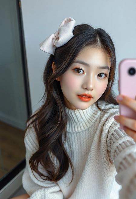 DSLR-style, glamorous and elegant 26-year-old Korean model, extremely milky white skin with porcelain glow, smooth and luminous, flawless soft matte finish with light reflecting quality, Korean idol skin tone, subtle gradient from center to jawline, extremely pale white skin, parted lips, masterpiece, ultra high-resolution  
<lora:NOOB_vp1_detailer_by_volnovik_v1:1>  
barely visible pores, uniform soft tone, studio-lit skin, full body
21yo pretty korean model, amateur selfie, tight and firm body, tight short dress, long socks, Best quality, realistic, Looking at the camera, fresh face, beautiful dark eyes, long eyelashes, high prominent cheekbones, olive skin, flirting, wavy brown hair, full lips, slim and petite, very detailed, ((shiny skin)), futa, bulge, oversized sweater, big pastel pink bow at the back of the head, dynamic pose, high white socks, sitting, take a selfie with a pastel pink phone,masterpiece, best quality, newest, absurdres, highres, anime, anime style, curled-toes-IL.V1.0, toe scrunch, curled toes soles, 1girl, Nico robin/(one piece/), black hair