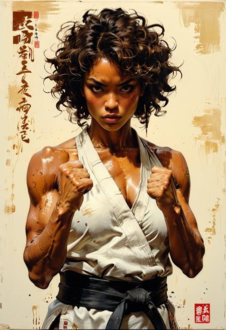 (in Otomo Katsuhiro style:1.2), high-quality, masterpiece, **(Photorealistic, detailed, intricate, hyperreal)** A sensual yet serene painting by Jeremy Mann of A mediuim muscular, rich brown-skinned woman with shoulder-length dark brown curly hair, sharp angular facial features and golden brown eyes, doing a karate pose, peform a punch with one fist, Warm, earthy tones of beige and brown. Serious, pensive expression. Painterly style with visible brushstrokes. High Detail, Perfect Composition, movie scenes, highly detailed. Photorealistic rendering, dramatic lighting, sharp contrast with a dark surreal atmosphere, (elaborate fine details:1.1), (hyperdetailed:1.1), (intricate details:1.0), (Refined details:1.1), (best quality:1.1), (high resolution:1.2)