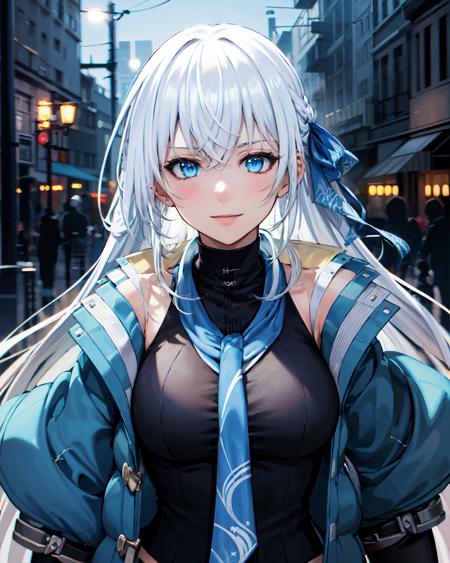 best quality, (masterpiece:1.2), illustration, absurdres,
(1girl), (solo), (beautiful detailed girl), (upper body, portrait),,
<lora:ShizunaKuro2:1>, Shizuna Rem Misurugi, white hair, long hair, ribbon, blue eyes, medium breasts,
blue jacket, blue scarf, black top, white pants, torn pants, black boots,
looking at viewer, happy,
city street, modern city, neon lights, night, (cyberpunk:0.8),