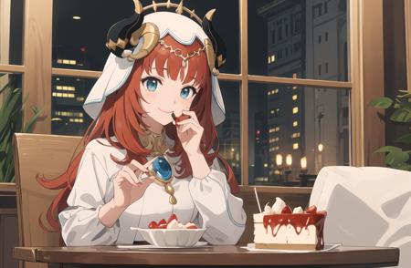 (masterpiece, best quality), 1girl, Nilou, eating a cheesecake, red hair, adorable smile, <lyco:nilouGenshinImpact_nilouLoha:0.8>