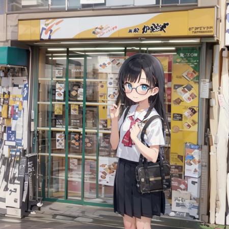 best quality, ultra-detailed, illustration,
1girl, glasses, black hair, long hair, school uniform, school bag, blush, looking at viewer,  
kamadoya, storefront, scenery, poster (object), shop, food, tiles, tile floor, outdoors, sign, 
 <lora:kamadoya_SD15_V1:1>