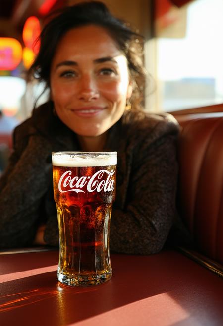 Cheyenne woman, intimate close-up, shy smile crinkles warm eyes, peeking over a glistening Coca-Cola glass rim. Sun-drenched vintage diner booth, golden hour light spills. Roger Deakins-inspired cinematography: shallow depth of field, soft painterly shadows. Palette: rich honeyed tones, vibrant crimson logo, amber highlights. Textures: beaded condensation on cool glass, smooth skin, worn leather. Atmosphere: nostalgic warmth, quiet intimacy. Dust motes dance in sunbeams, subtle lens flare. Fleeting, genuine connection.