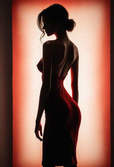 score_10,score_9, score_8_up, score_7_up, score_6_up, score_5_up, Silhouette Art portrait, breathtaking art drawing portrait, (beautiful charming woman), slender figure, slightly posing, a tight sleek strict dress. bright red backlight illuminates elegant woman's dark dim silhouette, (bright glowing red contour and outline), light only from behind, fully shaded dark dim body, (masterpiece), (realistic), 8k, RAW photo, very wide shot, octane render, unreal engine, volumetrics dtx, (film grain, bokeh, blurry foreground)