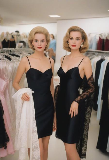 score_9, score_8_up, score_7_up, 1986 Tippi Hedren and Grace Kelly, pretty blond, slim, slender, wearing black satin slip with spaghetti straps and lace trim, blond, standing in a busy lingerie store surrounded by pretty friends wearing pretty silk and satin slips and nighties and lingerie