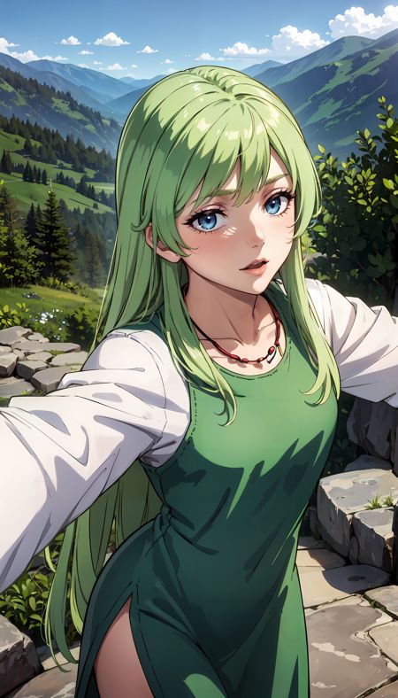green dress long dress white sleeves long hair green hair blue eyes red necklace