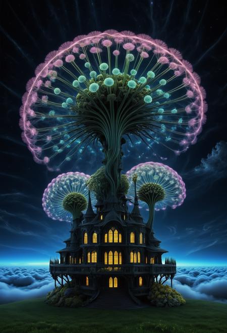 embedding:lazympos, megastructure, fractal, organic, (dandelion:0.6), above clouds, organic, detailed, dark, night, glowing, neon lights,  <lora:Challenge_Winnifier_2025-04:0> <lora:Organic_Macabre:1>