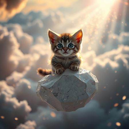 A cinematic high-angle shot captures a tiny, adorable cat perched serenely on a floating, crystalline rock amidst a surreal dreamscape. Volumetric light rays from an unseen source pierce through ethereal clouds, illuminating a whirlwind of glowing, magical particles that dance in the air. The shallow depth of field creates a beautiful bokeh, with every intricate detail of the cat’s fur in sharp focus, while subtle lens flare and chromatic aberration add a photorealistic quality. The cat’s curious eyes, reflecting the scene, seem to hold the secrets of this impossible, glowing world.