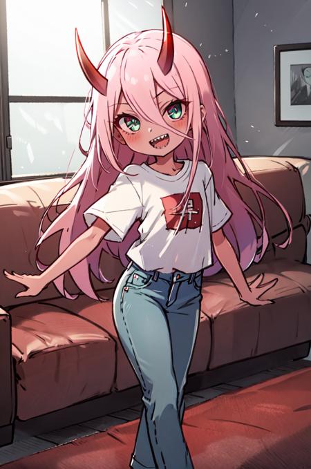 <lora:Zero_Two_Oni__Character_LoRA:1> Zero Two, 1girl, masterpiece, best quality, long hair, (red skin), red horns, pink hair, green eyes, colored sclera, white shirt, denim pants, living room, standing, dynamic pose, :D, sharp teeth