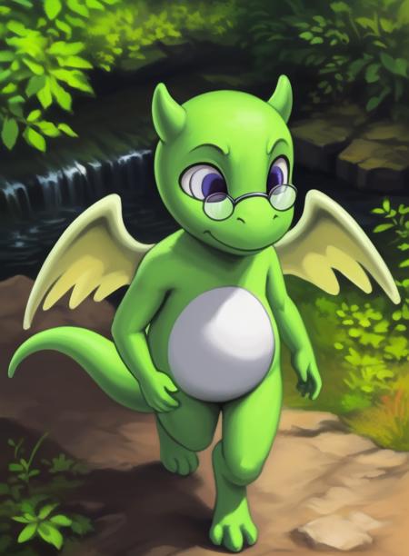  SmartDraDraVil, dragon, green skin,  white belly, pale blue eyes, glasses, green little horns, chibi, (small body,) wings, thin, slender,