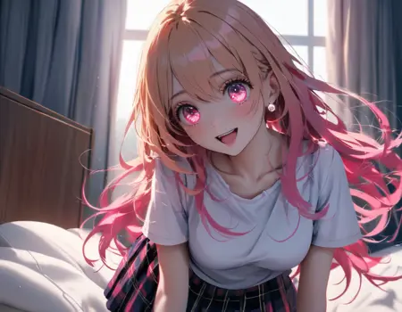 Happy, leaning forward