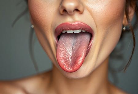 beautiful woman wearing makeup sticks her tongue out, close up on face