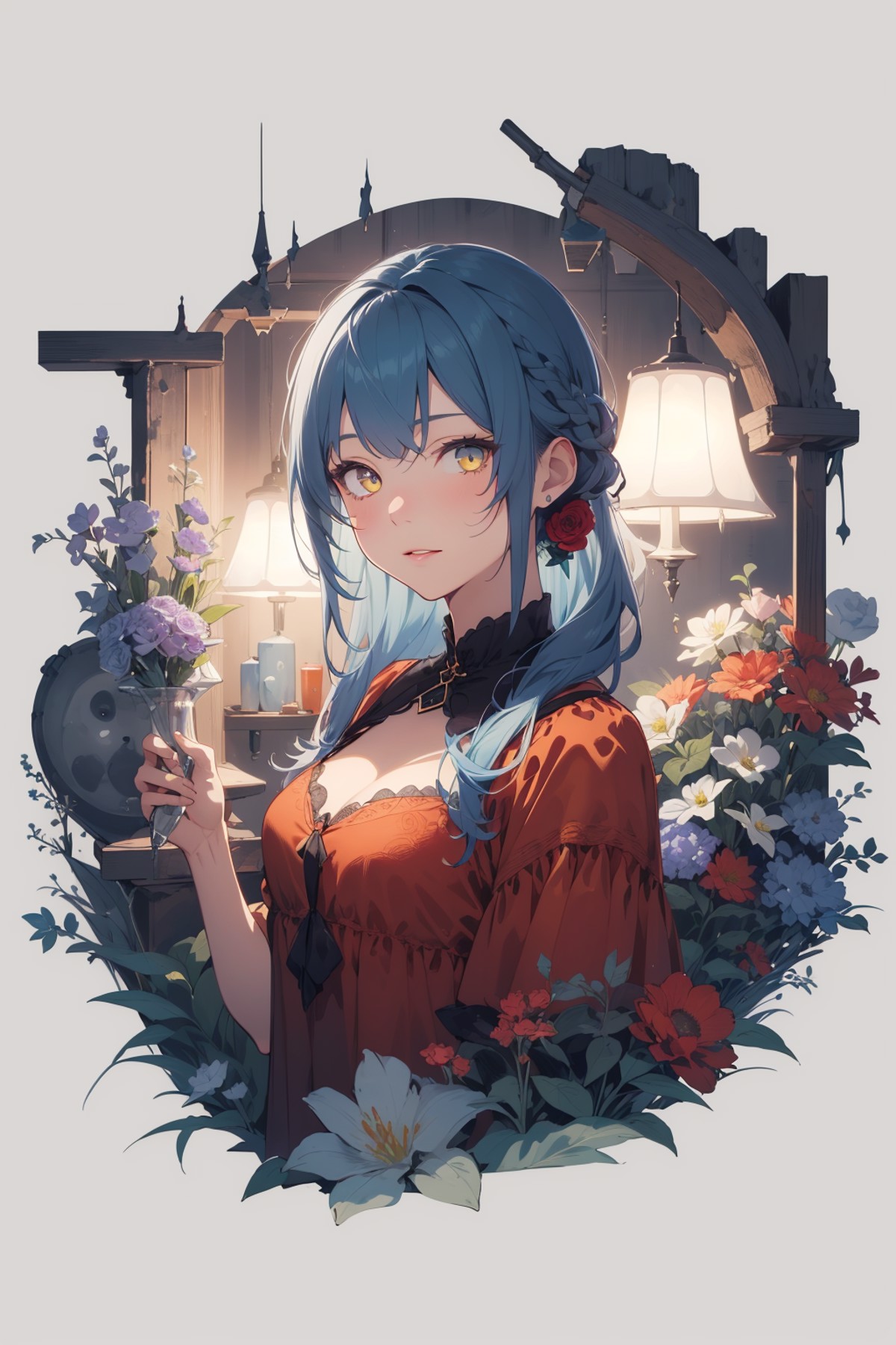 <lora:concept_master_1.0:1> 1girl ,blue hair,yellow eye,red dress,stone,lamp,flowers,((looking at viewer)),[(background:1....