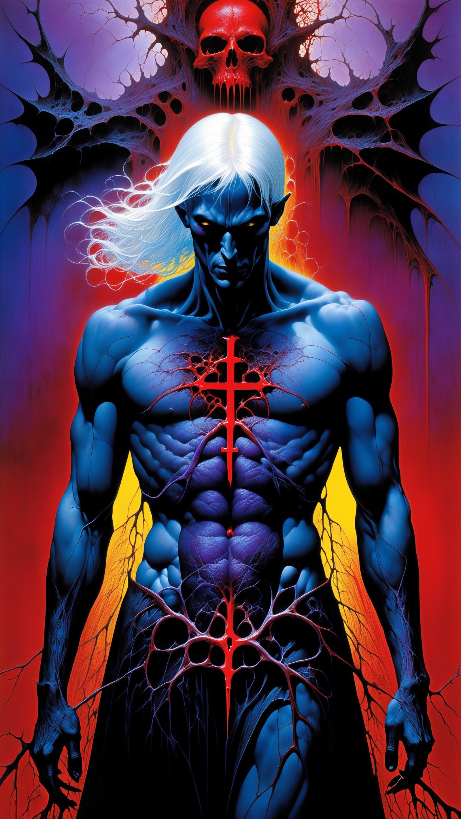 Blue and Yellow Comic Book Character with a Cross in His Chest