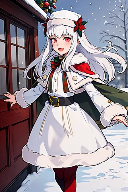 (masterpiece, best quality:1.2), christmas, snowing, solo, 1girl, lysitheawinter, :d, looking at viewer, white hat, white dress, fur trim, long sleeves, fur-trimmed cape, red pantyhose, outdoors <lora:fireemblem_ordelia_v3-09:1>