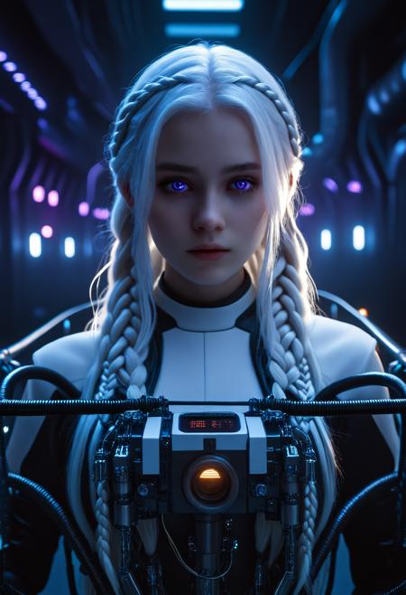 cinematic photo city street,street,street photography,<lora:Beeple_scenery:1>,Beeple,scenery,a futuristic vehicle in a dark room with lots of lights and pipes in the background,, <lora:Metroplex Base:0.4>,a city scnery,, <lora:LetThereBeLight:0.3>,Beeple,lighting,, 1girl,long silver-white hair pale as moonlight,Targaryen lineage,hair is worn in intricate braids,large violet eyes noted for their intensity and otherworldly quality,pale smooth skin with a creamy complexion with an almost luminous quality,striking beauty,slim and petite build, . 35mm photograph, film, bokeh, professional, 4k, highly detailed