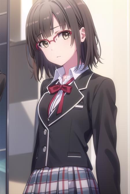 hinaebina, <lora:hina ebina s2-lora-nochekaiser:1>,
hina ebina, short hair, brown hair, black hair, (brown eyes:1.5), glasses,
BREAK skirt, ribbon, school uniform, jacket, black jacket, plaid, plaid skirt, blazer, sobu high school uniform,
BREAK indoors, classroom,
BREAK looking at viewer,
BREAK <lyco:GoodHands-beta2:1>, (masterpiece:1.2), best quality, high resolution, unity 8k wallpaper, (illustration:0.8), (beautiful detailed eyes:1.6), extremely detailed face, perfect lighting, extremely detailed CG, (perfect hands, perfect anatomy),