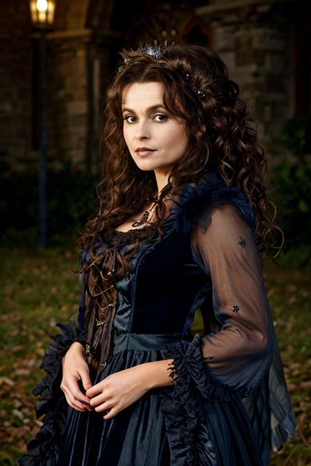 <lora:Helena_Bonham_Carter:1> 1woman, solo, mature hb1873c, , brown_hair, wavy hair, messy hair, fairy tale costume ,  gothic , evening