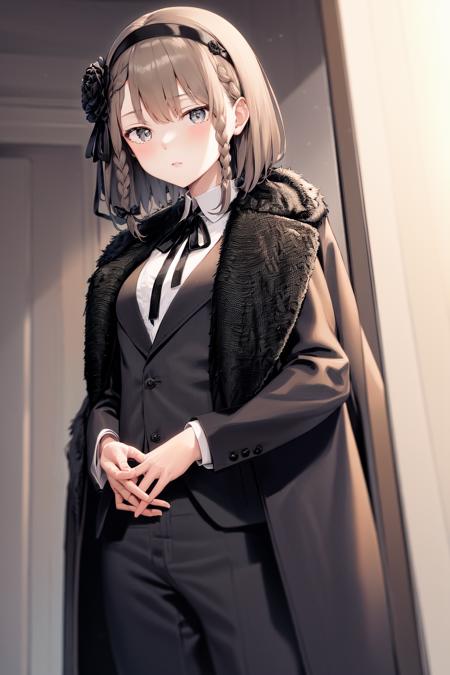 masterpiece, best quality, highres, 1girl short hair hairband hair flower braid, black jacket black fur trim black coat suit long sleeves shirt collared shirt neck ribbon black pants suit <lora:oscar:1> looking at viewer