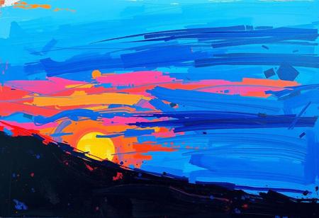 sunset, expressive art, hard stroke painting style