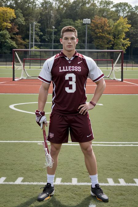 athletic field, ((lacrosse field)), CFBrent is a lacrosse player wearing a garnet red (lacrosse uniform), holding lacrosse stick, masterpiece, (((full body portrait))), wide angle  <lora:CFBrent:0.75>