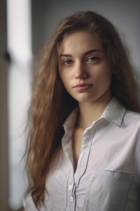 professional portrait photo of real 20 year old european woman wearing a shirt, realistic skin, high quality, film grain, sharp focus on body, natural hair, <lora:sdxl_photorealistic_slider_v1-0:0.5>,