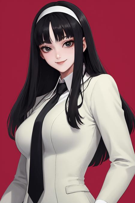 masterpiece, best quality, 1girl, solo, standing, <lora:kawakamitomie-junjiito-richy-v1:1> tomie, hairband, blunt bangs, closed mouth, smile, looking at viewer, (mole under eye:0.7), upper body, suit, black necktie,