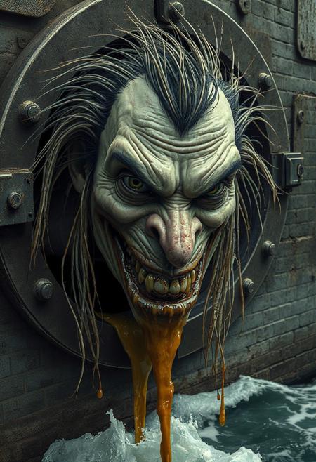 A nasty, vicious creature peers out of the darkness of an old factory manhole. The creature is gaunt and has long, stringy, thin hair that hangs wildly in its face. The nose is crooked and black hairs grow out of the nostrils. The skin is pale and pimply, the lips very dark and twisted into a malicious grin. The pipe protrudes from a coastal wall and disgusting, greasy liquid drips out into the surf of the sea. Photorealistic.