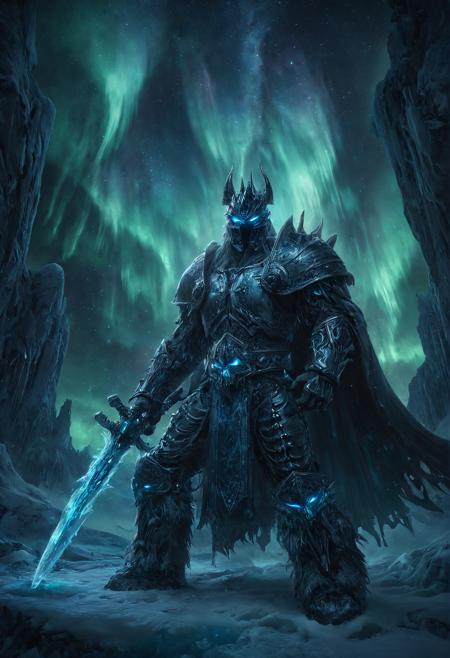 morph-aurora, aidmamj6.1, lichking, wearing helmet, sword, cinematic, realistic, digital art, illustrated art, semi realistic, frostmourne

an undead frost king wearing enchanted obsidian armor, glowing with aurora runes, standing atop a frozen throne surrounded by spectral spirits, wielding a massive runeblade crackling with blue lightning, in a surreal arctic landscape illuminated by vibrant aurora lights in the night sky, gothic fantasy style, intricate magical detailing, ethereal particles, majestic and ominous atmosphere

















