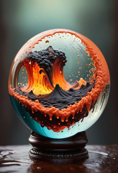 ultradetailed ultrarealistic, of a lava avalanche in a glass sphere, a perfect photography by Mark Mann and Ashraful Arefin ,muted wet colors, intricate artwork masterpiece <lora:hyperkraximalism_v1-1:0.25>
