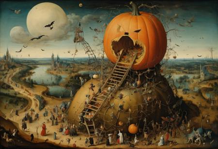 Halloween extensive landscape with a big pumpkin with scales and ladders nd people climbing onto it by Hyeronimus Bosch and Patinir, oil painting, menagerie, superb, strange, original, well composed, inspired Salvador Dali
