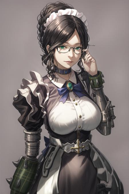 (full body:1.2), yuri_alpha, glasses, green wristband, maid outfit, beautiful, ultra-detailed, beautiful, amazing, masterpiece, (realistic:0.5), <lora:Yuri Alpha (Oberlord):0.7>