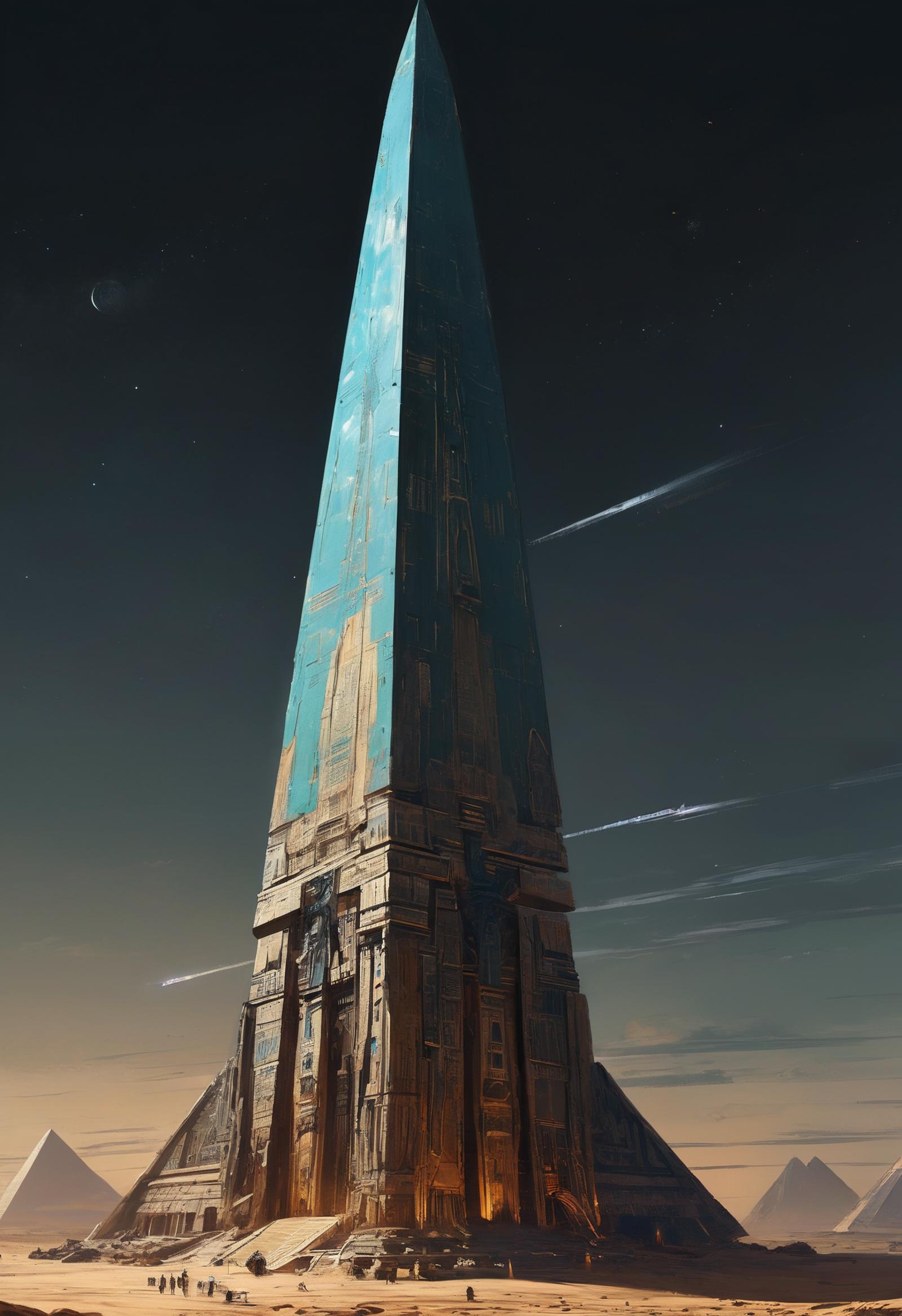 A futuristic tower with a blue top and a spaceship flying nearby.