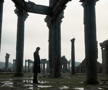 a man standing faraway in ruins, by_andrei_tarkovsky, <lora:Andrei_Tarkovsky_Style-20 (1):1>