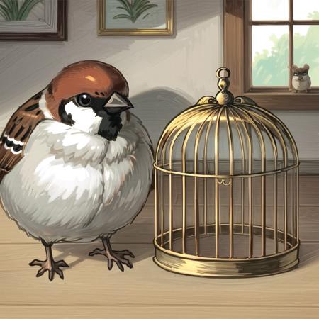 <lora:tangbohu-detailer_1.0:0.5> ,<lora:tangbohu-detailmaker_v2.5:0.5> , <lora:cute_sparrow:0.7>, sparrow, cartoon, house, birdcage, sparrow in the birdcage, living room, large bird, large sparrow