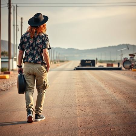 Ultra high quality, very detailed, A  man wearing khaki cargo pants, a floral shirt, black converse sneakers, his long hair curling from underneath a black hat, he is carrying a guitar case, he is walking away from the camera down an empty, dusty California road towards a distant, empty stage on which Marshall amplifiers and a drum kit stand