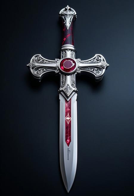 SilverPulse, a cross dagger, on a wooden decorative holder, silver blade with engravings, ruby and diamonds inlaid  in a silver handle,  intricate, hyper-detailed, professional photoshoot, ultra-sharp, vivid colors, dark lighting, 50mm lens,