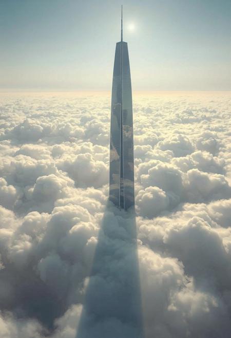 A breathtaking digital painting in a photorealistic style, depicting a solitary megatall skyscraper dramatically emerging from a sea of clouds. The artistic emphasis is on capturing the immense scale and serene beauty of the scene. The building's sleek, modern architecture is rendered with precise detail, highlighting the interplay of light and shadow on its faceted surfaces. The clouds are painted with soft, volumetric brushstrokes, creating a sense of depth and texture in the atmospheric layer. The sky transitions from a soft blue to a warmer tone near the horizon, painted with subtle gradients. Lighting is portrayed as natural, soft sunlight from a high angle, creating a gentle luminescence on the cloud tops and a refined sheen on the building's reflective surfaces. The composition uses a high vantage point to convey the feeling of being above the world, presenting the structure as a solitary, monumental presence in a calm, ethereal environment.
