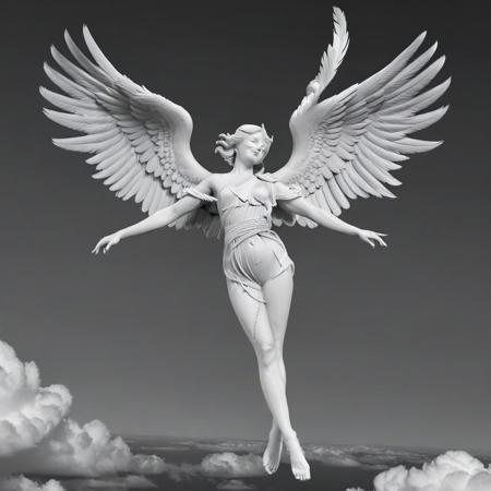 whitemold,3d printed mold,art style,greyscale,monochrome, masterpiece,(best quality), official art,extremely detailed cg 8k wallpaper, ((crystalstexture skin)),(extremely delicate and beautiful),highly detailed, WhiteMold, art style, 3d printed mold, a woman made of 3d printed mold, long hair, white wings, barefoot, solo, angel, jewelry, white dress, anklet, angel, wings, short hair, full body, bare shoulders, looking at viewer, clouds background, feathered wings, toes, feet, bracelet, braid, smile,sleeveless, armlet, crown, closed mouth, lips, pants, flying, bracer, floating, toe ring, necklace, clouds