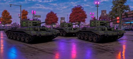 photo of a group of cromwelli tanks parked near neon box in middle of city streets at night with colorful neon lights,neon trim, hardtop, high quality photo, lens flare, bokeh, 8k resolution, gobo lights, warm ambient light, volumetric light, neon lights, depth of field, analog, foggy atmosphere, , <lora:cromwelli:1>